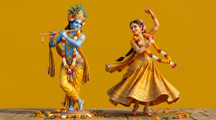 Fototapeta premium Krishna playing flute with dancer radha in yellow traditional dress on golden background