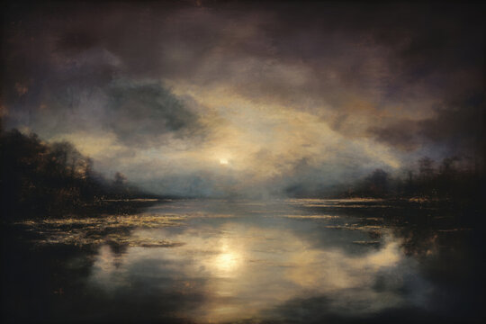 Atmospheric Moonlight over Still Lake, Oil Painting with Dark Clouds.