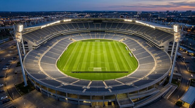 Aerial view of an empty modern stadium during twilight, showcasing its grand design and pristine green pitch.
