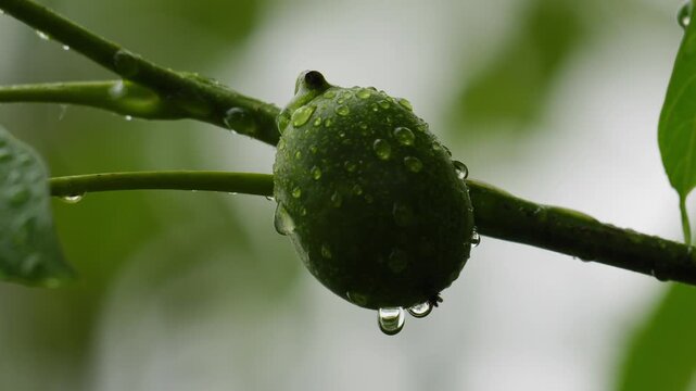 Raindrops Falling on a Single Walnut Fruit - 4K Slow Motion Nature Shot