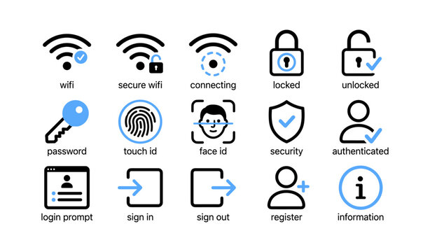 Security and authentication icons for wifi and login interfaces