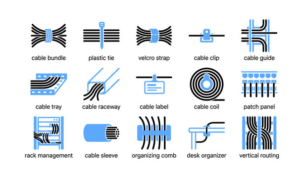 Cable management icons showing components and routing on white