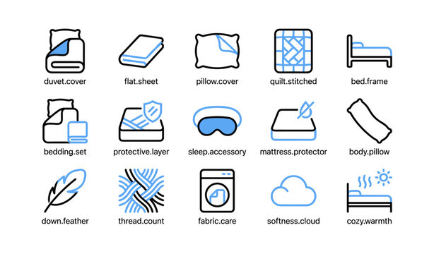 Bedding icons showing sheets pillows mattress and sleep accessories