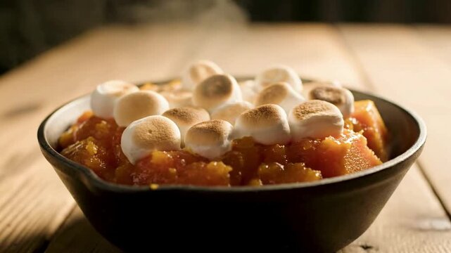 A bowl of sweet potato casserole with marshmallows on top.