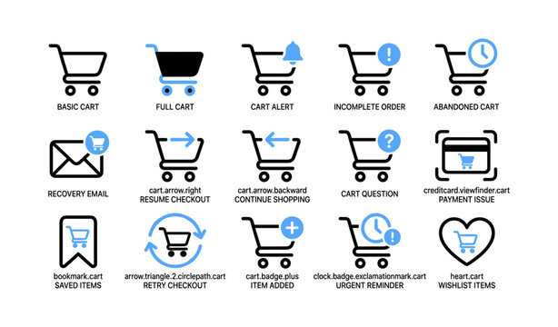Shopping cart icons showing checkout states on white grid