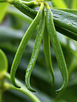 Green bean pods hanging pods wet plant tropical plant garden plant fresh crop vertical composition close up green color organic produce harvest plantation vine legume natural texture dew drop
