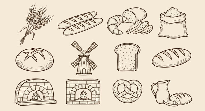 Bakery icons, bread illustrations, baking symbols, food graphics