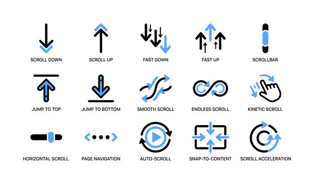 Scroll control icons illustrating scrolling directions and modes
