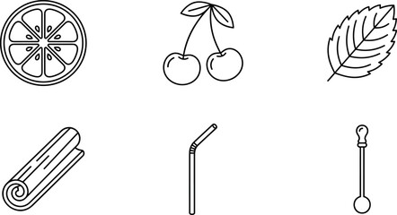 Cocktail Ingredients Outline Icon Set with Citrus Cherry Mint Leaf Cinnamon Drinking Straw and Stirrer for Bar Beverage Menu Line Art Designs © DarparajDab