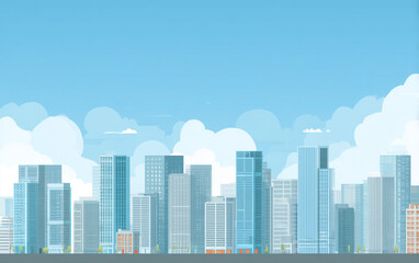 Naklejka premium A clean, flat illustration of a simple city skyline featuring minimalist buildings in a sky blue palette, designed with sharp geometric shapes, solid colors, and no shadows.