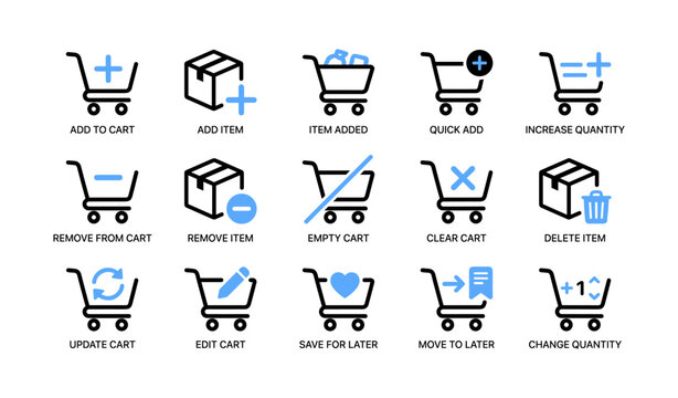 Shopping cart icons showing add remove update actions on white panel