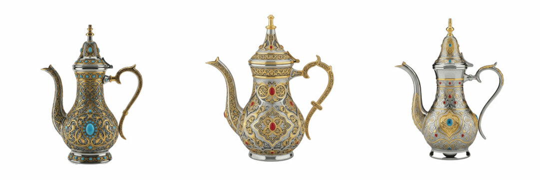 Polished Silver Arabic Coffee Pot Dallah with Royal Blue and Red Gemstones Isolated PNG Asset, Elegant Middle Eastern metallic Pitcher for Cultural Heritage Hospitality and Ramadan Graphics