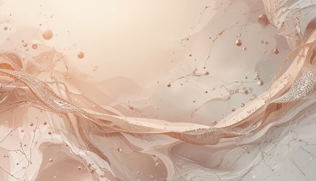 Abstract background features flowing rose gold liquid waves with floating spheres and sparkling particles.
