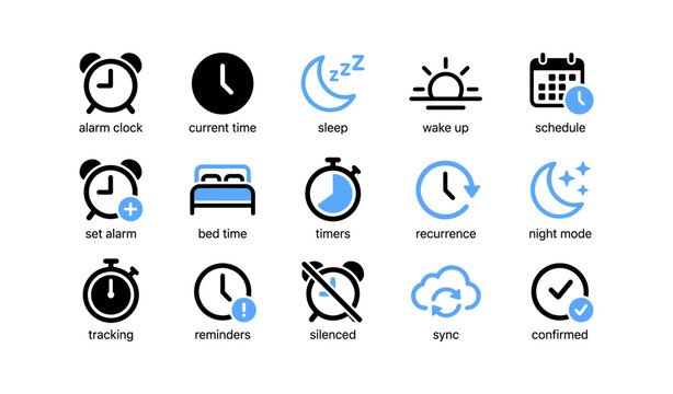 Alarm and sleep icons arranged in grid on white background