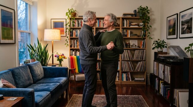 Older gay couple slow dancing in warm living room at blue hour