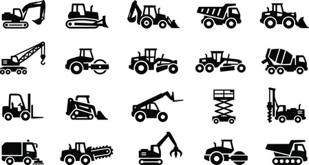  Heavy construction machinery and vehicles black silhouettes vector icons set with excavator bulldozer crane and dumper truck isolated on white background © SREE NOMITA RANI 1