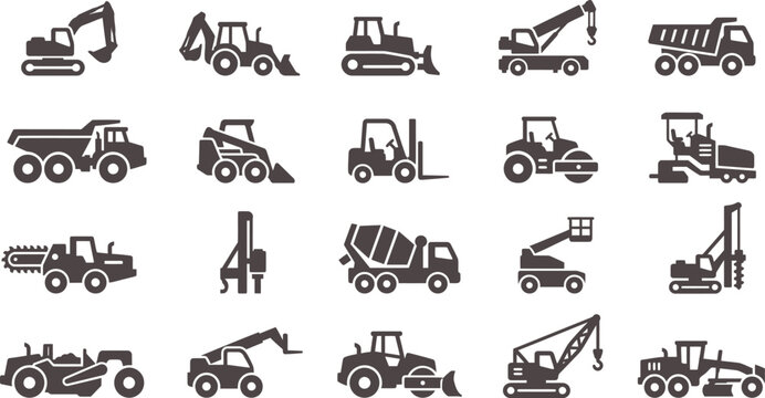  Heavy construction machinery and vehicles dark gray silhouettes vector icons set with excavator crane bulldozer and dumper isolated on white background