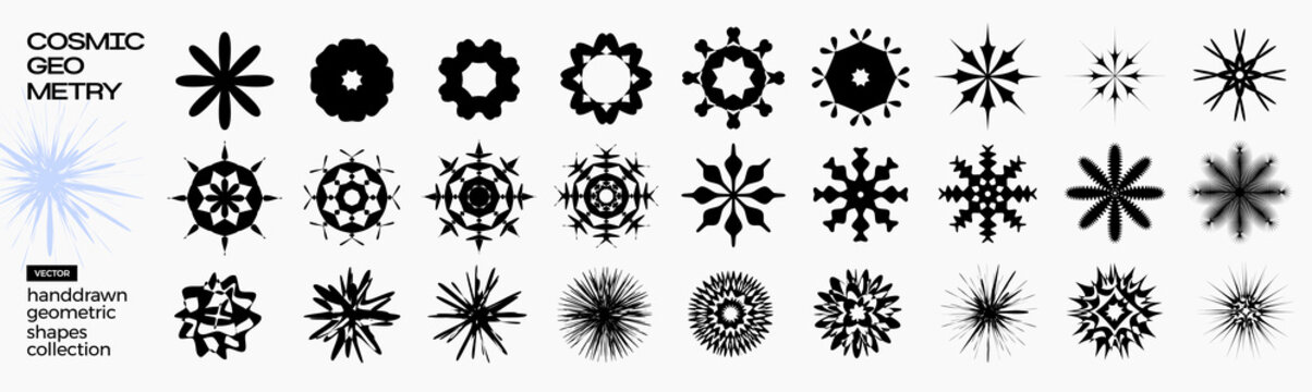 Geometric shapes and snowflake-like ornaments, abstract symmetrical patterns in black and white, digital art collection.