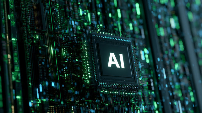 Futuristic Artificial Intelligence Microchip on a Green Circuit Board.