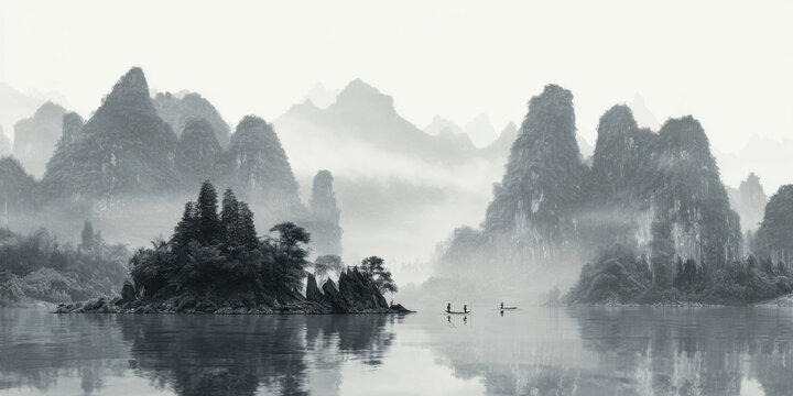 Tranquil misty mountains and river landscape in traditional chinese ink wash painting style