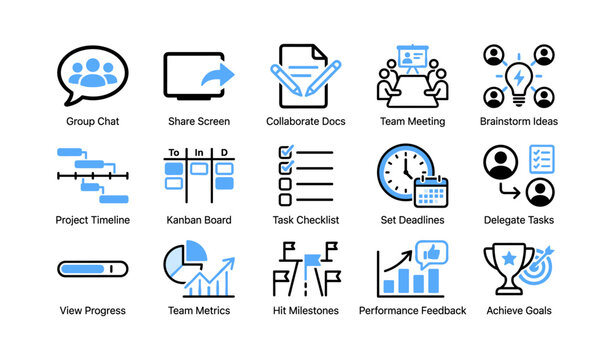 Collaboration icons showing team workflow on white background
