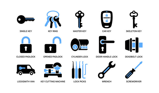 Key and lock icons showing locksmith tools on white background