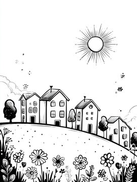 Black and white coloring page named Housing depicting a dense hillside town with narrow European-style houses, pine trees, a bright sun, and foreground plants.