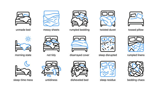 Unmade bed icons showing messy bedding variations on white background