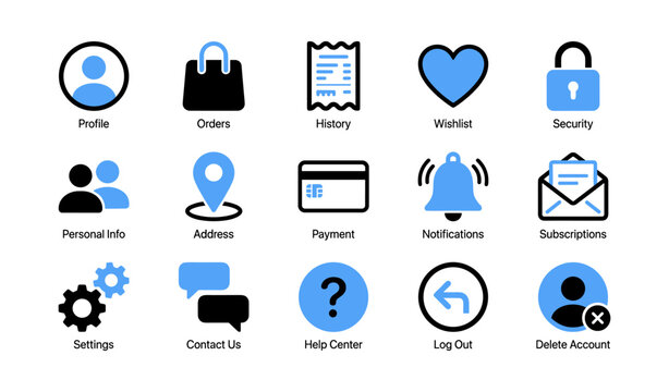 Account and profile icons displayed in settings grid on white