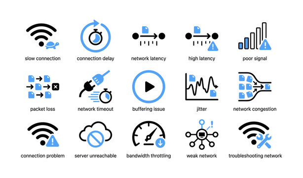 Network icons showing latency packet loss and buffering on white