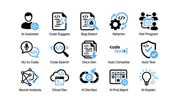 Developer ai code icons arranged in a grid on white background