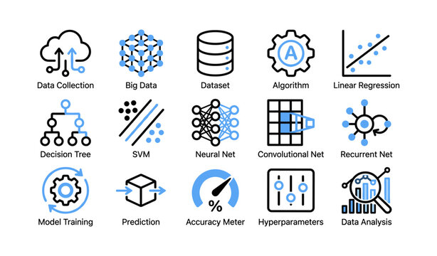 Machine learning and data science icons displayed on white background