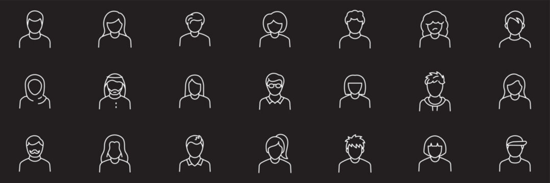 People avatar line icons. Vector illustration included icon as man, female, Muslim, senior, adult and young human outline pictogram for user profile. Linear icon collection. Editable stroke. 