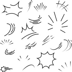 Set of hand drawn black ink comic book style explosion and motion effect isolated on a white background, for use © farhanatisha