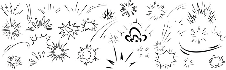 A large collection of black hand-drawn comic book explosion and impact sound effect symbols isolated on a clean white background for © farhanatisha