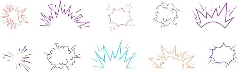 A collection of colorful hand-drawn comic book explosion and impact sound effect symbols isolated on a clean white background for © farhanatisha