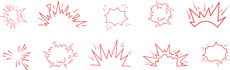 Set of ten hand drawn red ink comic book style explosion and impact effect isolated on a white background, for use © farhanatisha