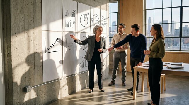 Female executive leading team workshop with sharp sunlight office shadows