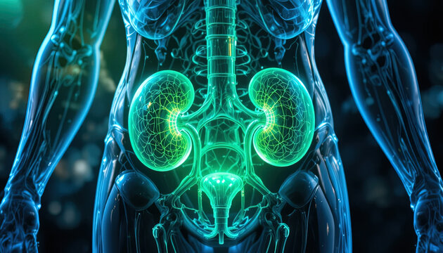 Detailed medical illustration highlights the human urinary system including kidneys and bladder in a glowing digital interface.