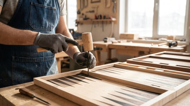 Craftsman using a wooden mallet and a sharp chisel to carve intricate details into a wooden backgammon board