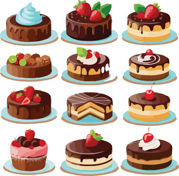 Chocolate Cake Collection Vector Set with Strawberry Topping, Cupcake, Layer Cake and Dessert Illustration 