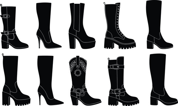 Collection of boot silhouette illustrations, diverse footwear styles including high heels, cowboy boots, riding boots, and fashion design elements