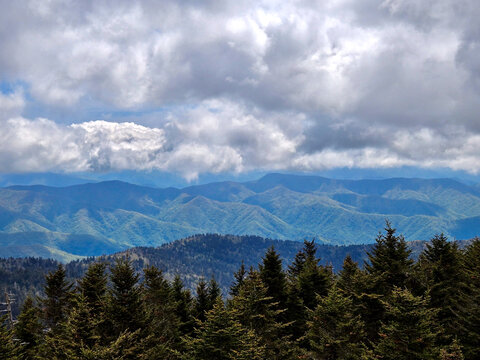  scenic view of the Great Smoky Mountains National Park from Kuwohi Observation Tower on the Blue Ridge Parkway in North Carolina