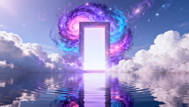 Cosmic portal in sky with water reflection
