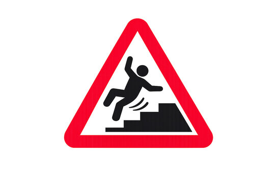 A triangular warning sign with a figure skidding down the stairs, signaling potential hazards such as falls and slippery surfaces