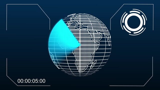 Radar scan interface monitors global security grid fields. Digital telemetry screen tracks navigation vector paths. Motion graphics radar scan surveillance.