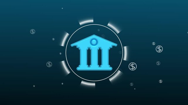 Bank building icon pulses inside digital savings account media. Modern financial institution graphic visualizes vaults. Animation bank building icon for finance.