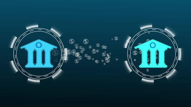 Banking graphics stream currency between financial systems. Modern technology graphics handle remote transfers. Animated banking graphics for cash storage.