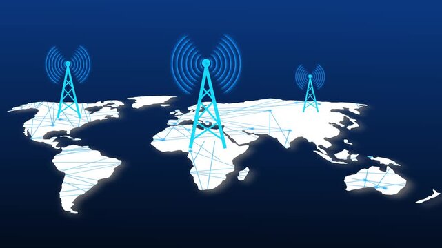 Communication towers broadcast wireless network signals worldwide. High tech transmitter models map coverage grids. Animation communication towers for telecoms.