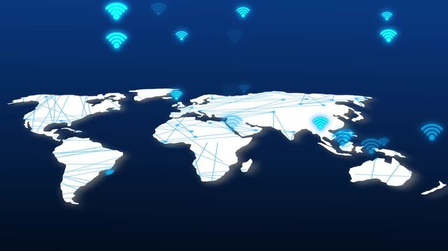 World map displays wireless internet hotspot coverage links. Advanced telecommunications graphics track networks. Motion graphics world map connectivity.